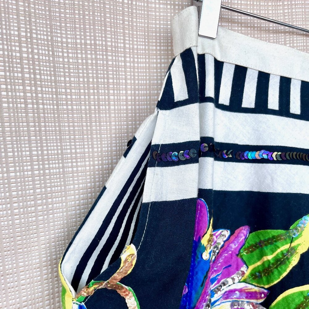 NWT Floral Sequins Skirt Black White Stripe Festive Playful Whimsy Goth Lydia - Picture 12 of 15